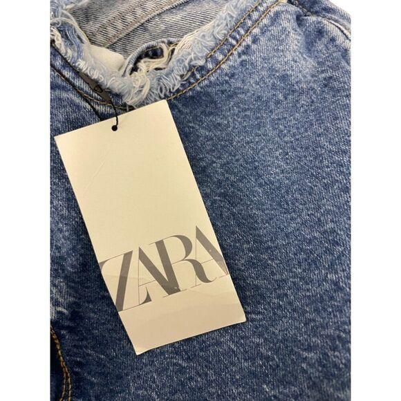 Zara Women Jeans EU 44 US 12 Straight Blue Denim Distressed Raw Hem 6164/178 NWT - Picture 4 of 9